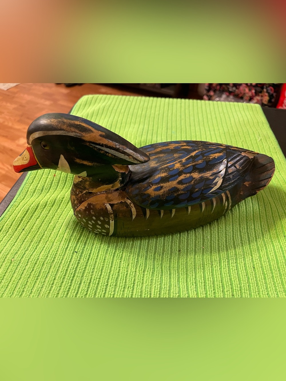 Vintage! Hand Painted Decorative Duck Figurine in Browns, blue, orange.